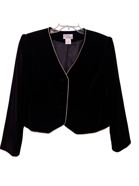Hasting & Smith Jackets & Blazers - Black Velvet Bolero Jacket Women's Size 14 Gold Piping Lined Buttons Vintage 90s